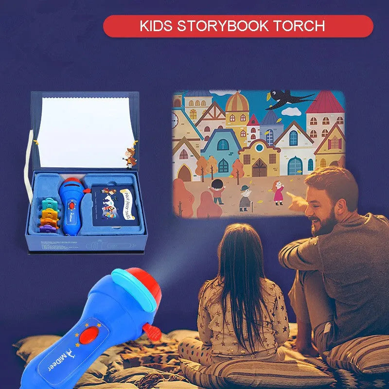 SmartKids handheld story projector torch with four colourful illustrated discs for wall projection.