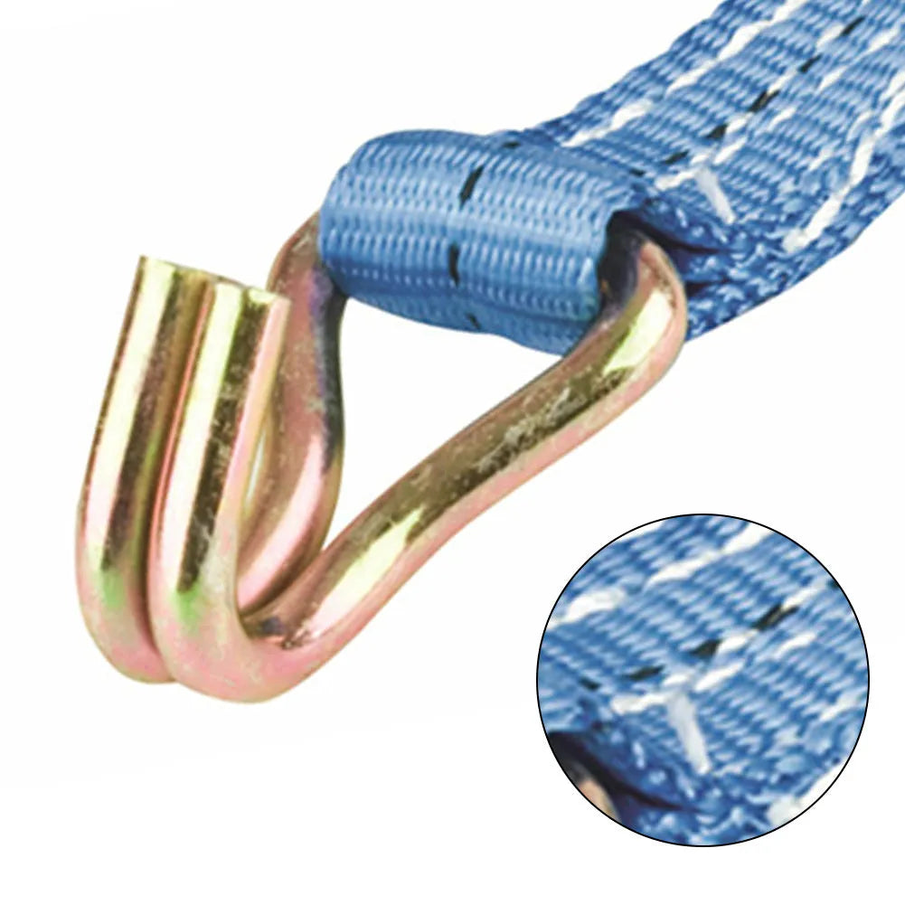 Steel ratchet tensioner with double hook on a 25mm wide polyester fastening strap for cargo and furniture