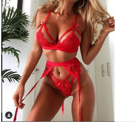 Red and white lace lingerie set for women, cute girl cosplay style.