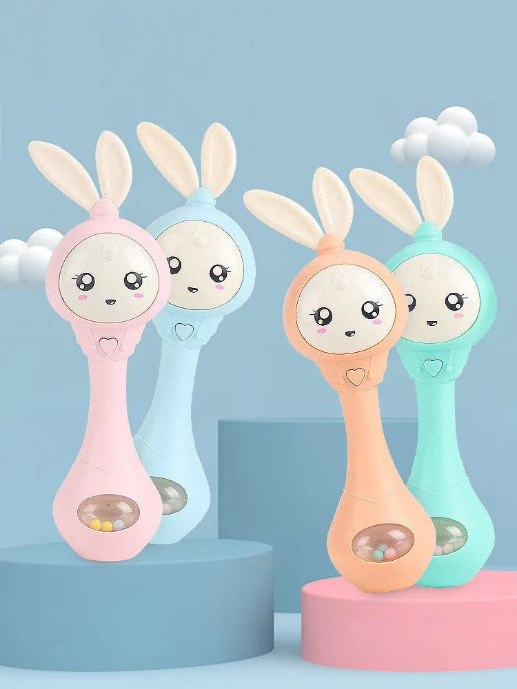 Baby musical rattle stick chewable teether toy in light blue, mint green, orange, or pink.