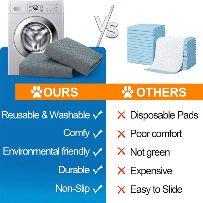 Washable dog pee pads in grey and tan colours showing waterproof backing and triple-stitch edges