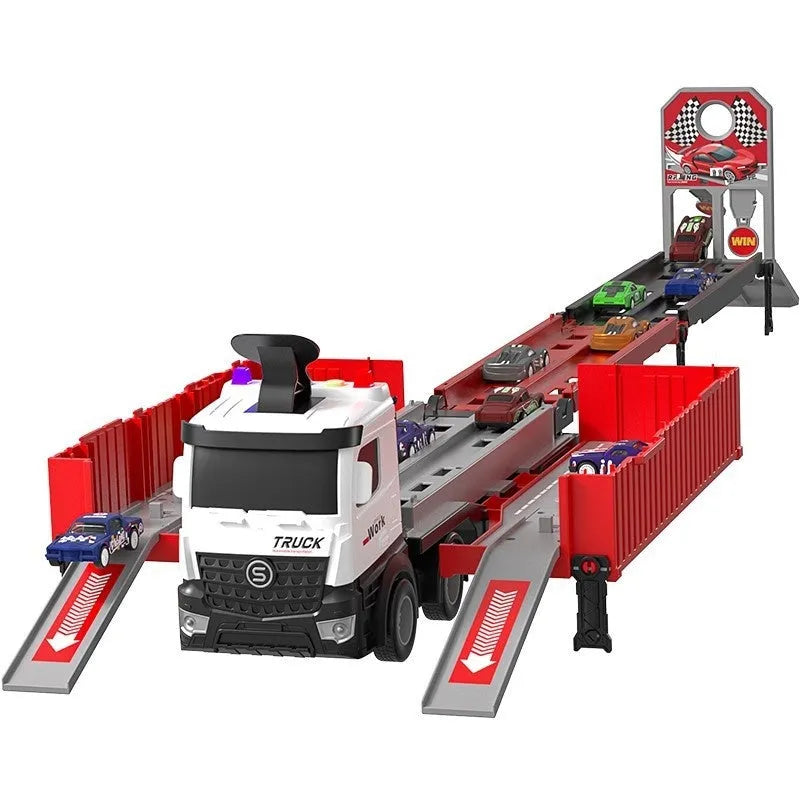 Children's deformation catapult truck rail car toy in plastic with red, blue, or yellow container truck and metal cars