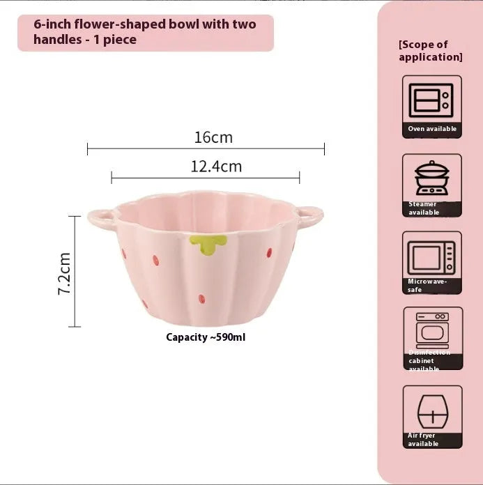 Creative strawberry-themed porcelain dinnerware set with fish plate, flower bowls, and straw hat plate.