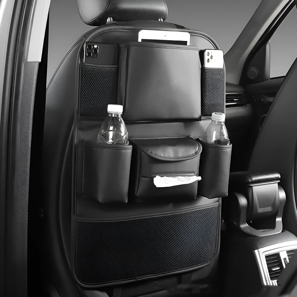 Leather car seat back storage bag in four colour options mounted behind vehicle seat