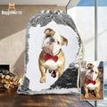 Custom purple sequin backpack with dog photo and drawstring closure