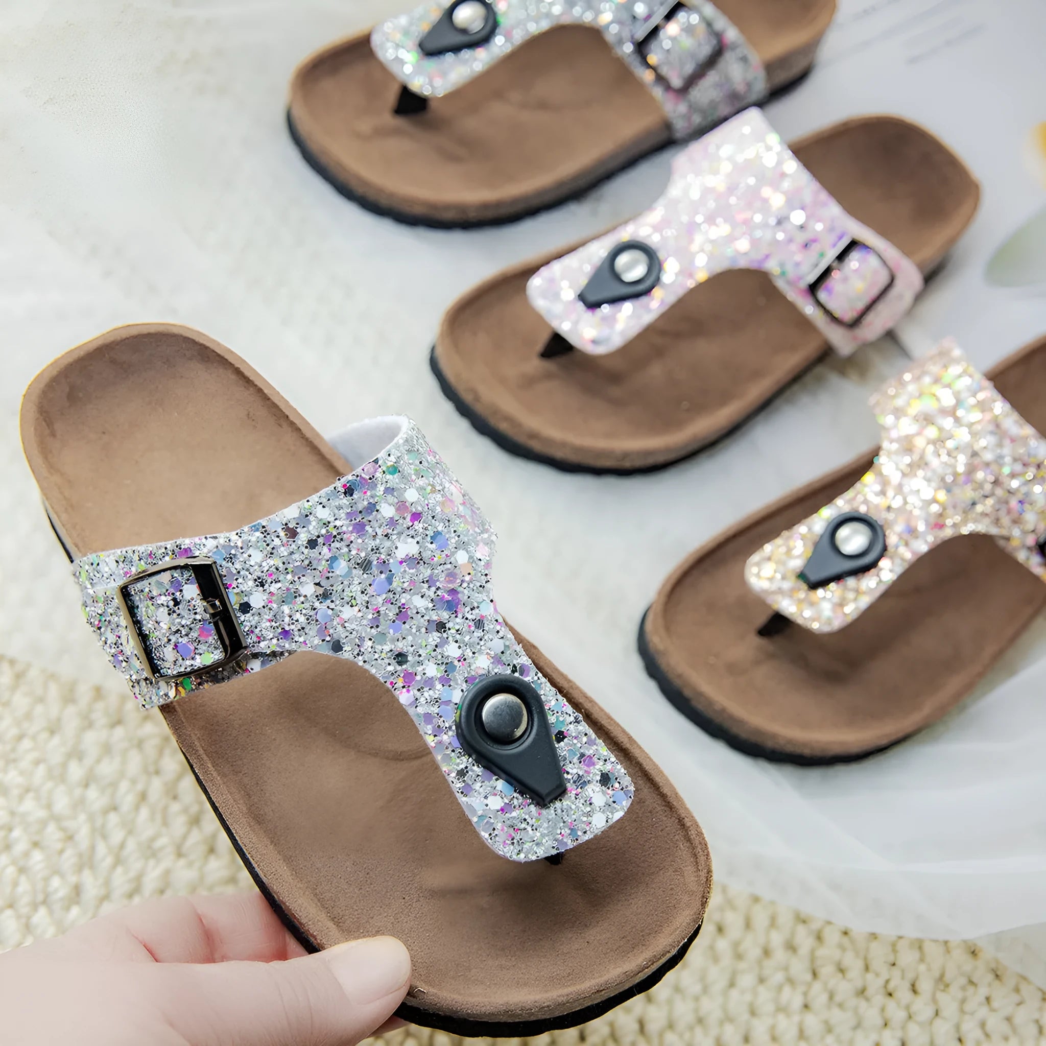Children's cork flip-flops in pink with non-slip soles and perforated uppers