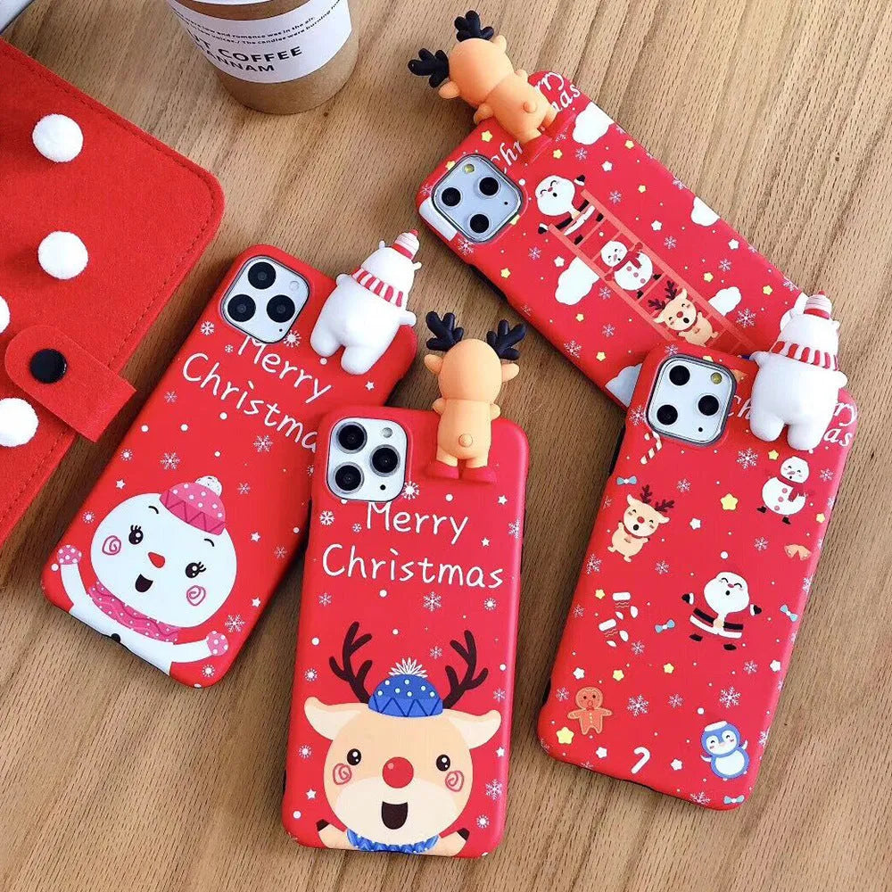 Christmas themed silicone back cover case for Apple iPhone on a festive background.