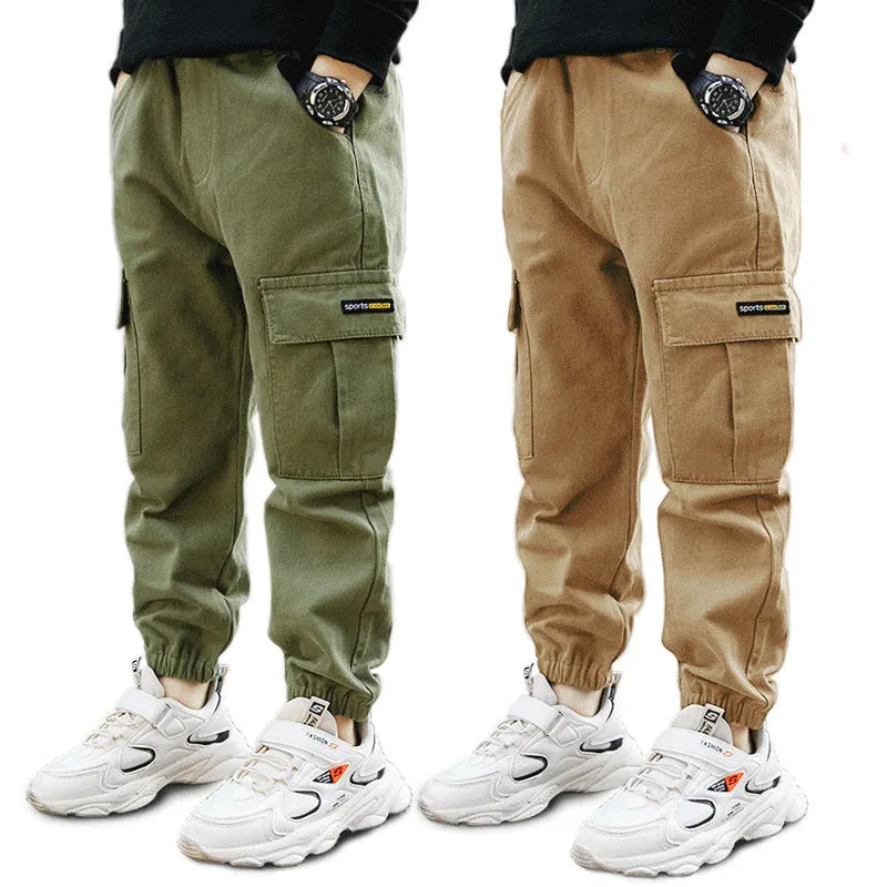 Boys' cotton casual trousers in army green, black, or khaki showing summer overalls style and non-opening crotch design