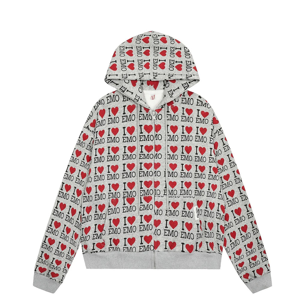Women's melange grey cotton cardigan with autumn retro pattern, hood, and long sleeves laid flat.
