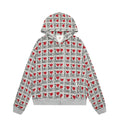 Women's melange grey cotton cardigan with autumn retro pattern, hood, and long sleeves laid flat.