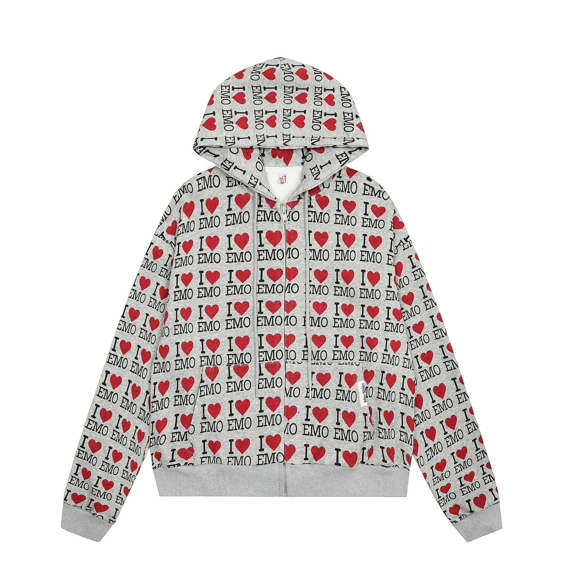 Women's melange grey cotton cardigan with autumn retro pattern, hood, and long sleeves laid flat.