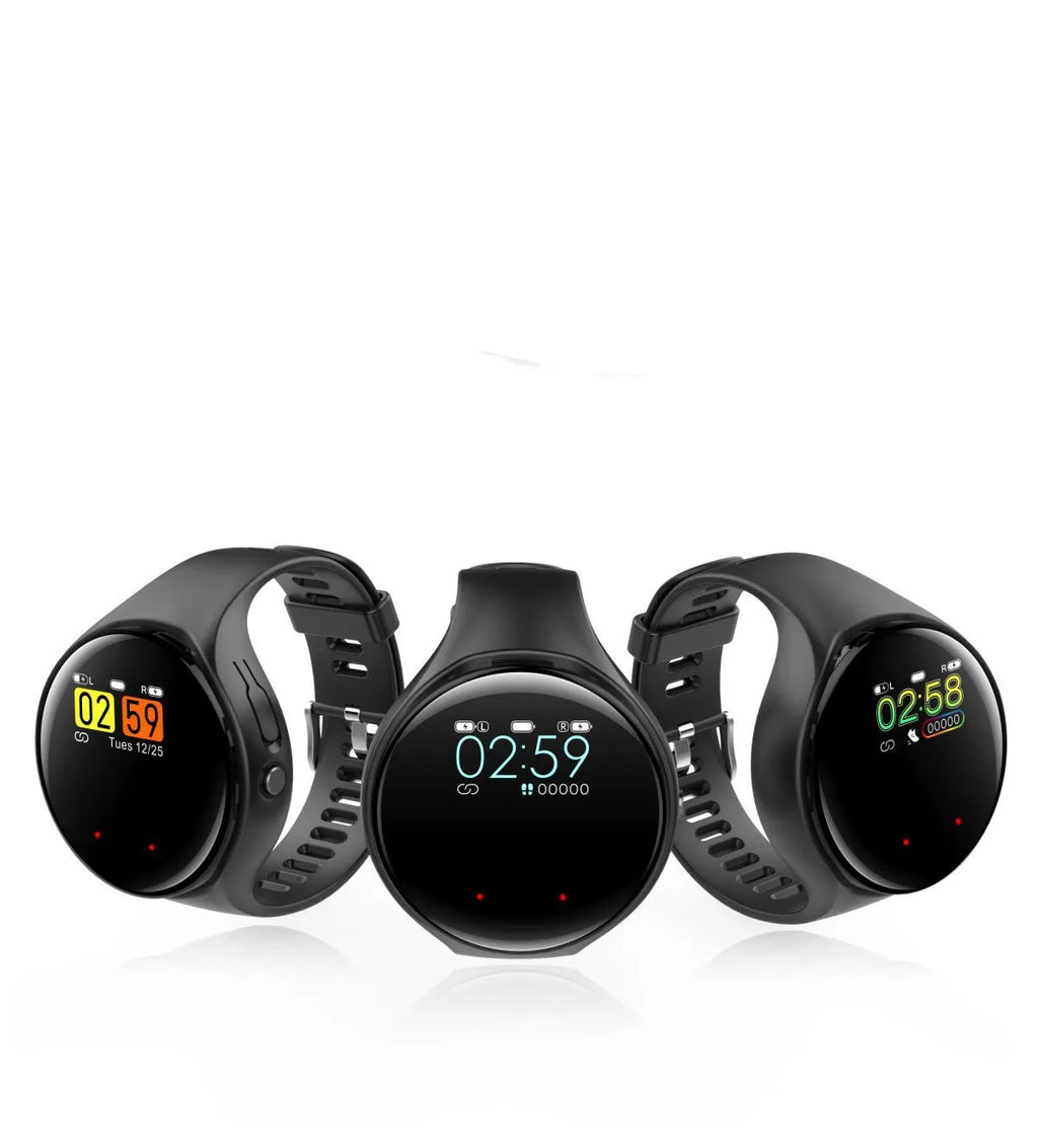 Black Bluetooth headset integrated with detachable smart bracelet showing colour screen display