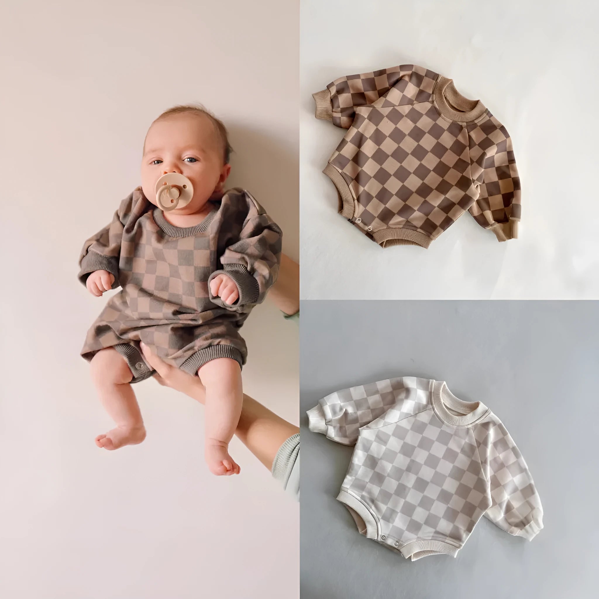 Baby one-piece cotton chessboard plaid pullover jumpsuit in brown plaid, long sleeve, unisex