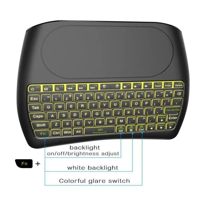 D8 Pro black mini wireless keyboard with touchpad and 78 TPU keys on a desk
