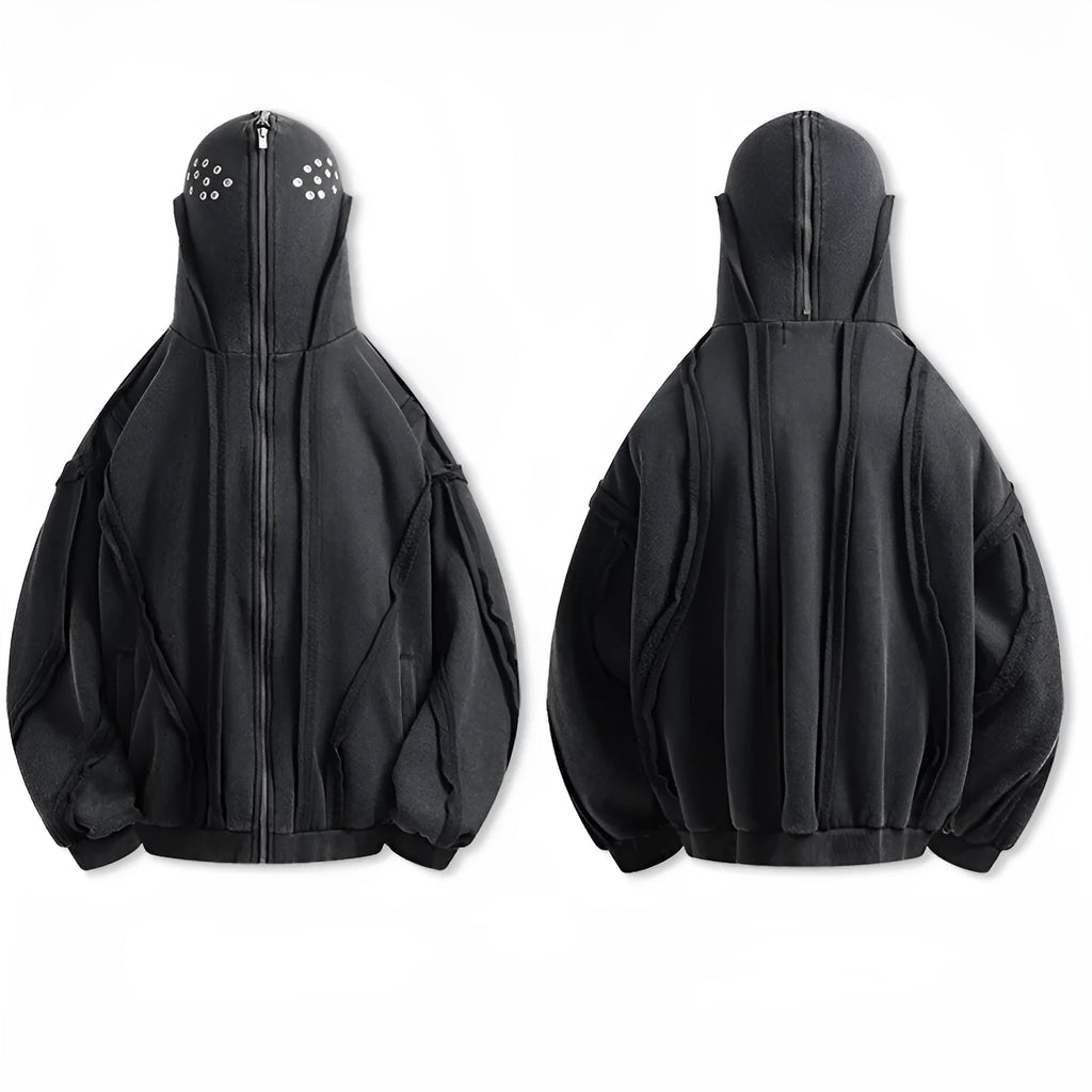 Black men's loose retro cotton coat with hood and zip front.