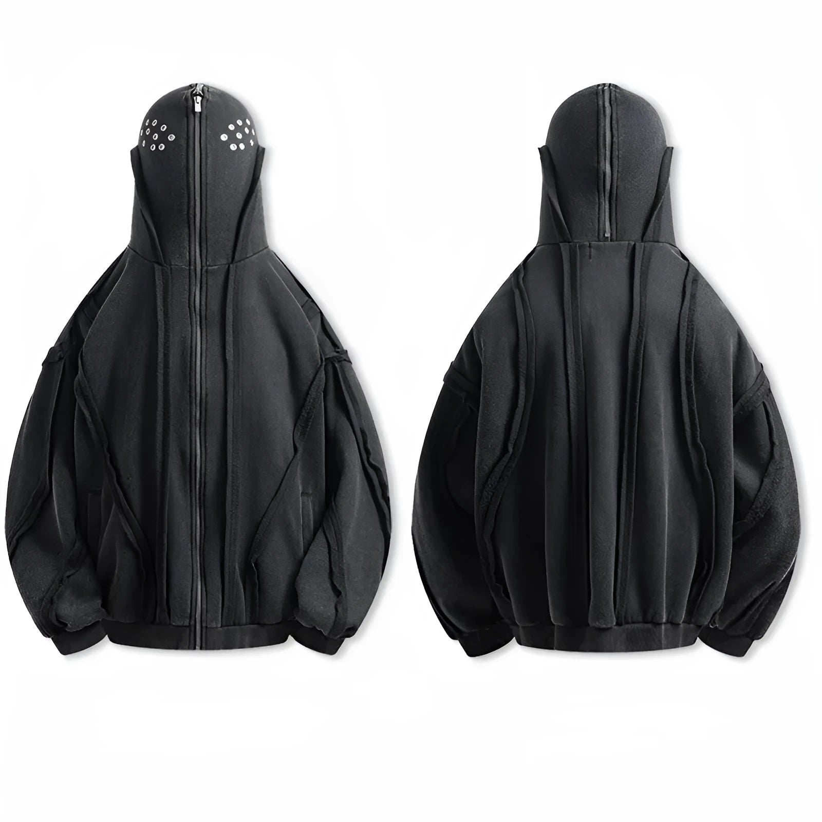 Black men's loose retro cotton coat with hood and zip front.