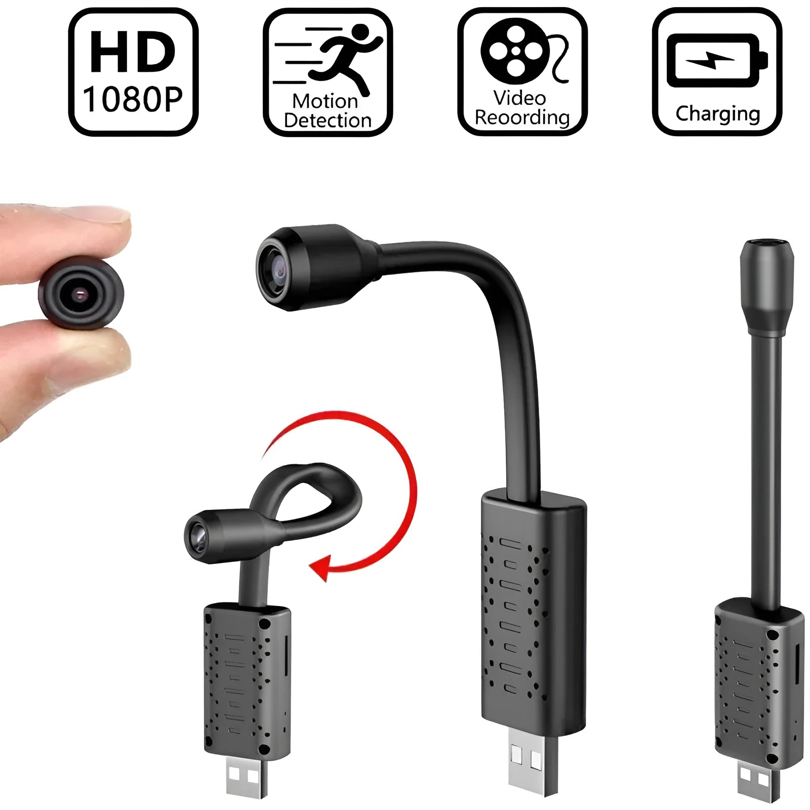 Compact matte black V380 wireless USB security camera on a shelf with a microSD card and USB cable.