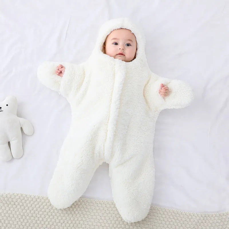Cashmere and cotton baby sleeping bag with hood in starfish lamb velvet design
