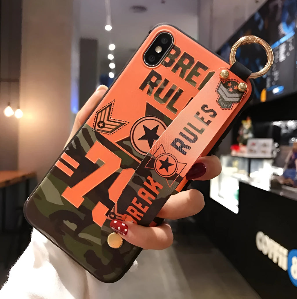 Samsung Galaxy phone case with a flip-out bracket stand on the back, shown in a simple style.