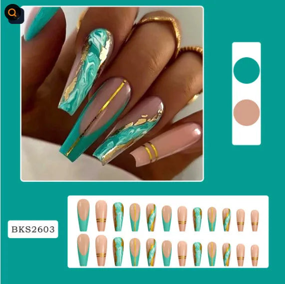 Pack of Ballet W067 wave line patterned nail stickers with pots of jelly glue on a pink background.