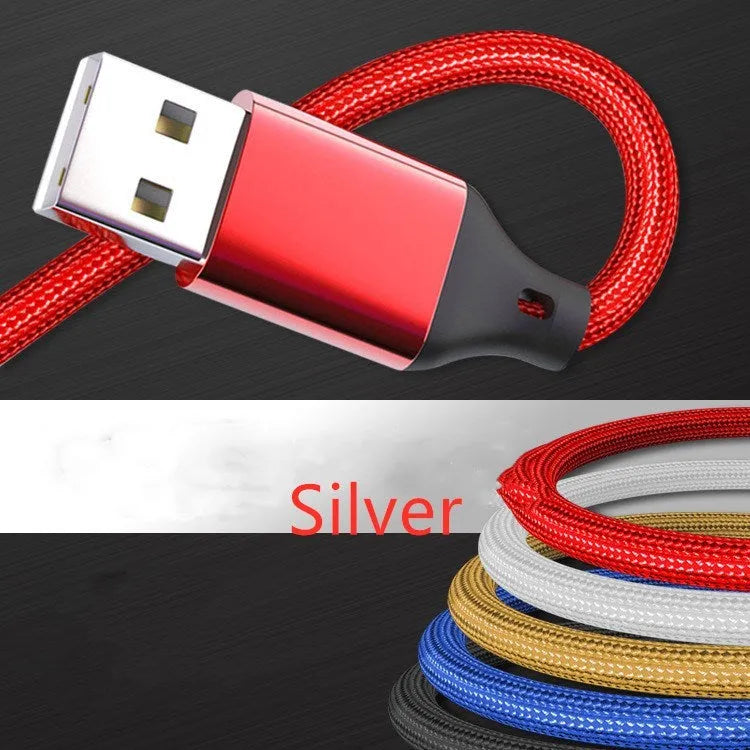 Three-in-one 1.2 metre charging cable with nylon braiding in multiple colour options