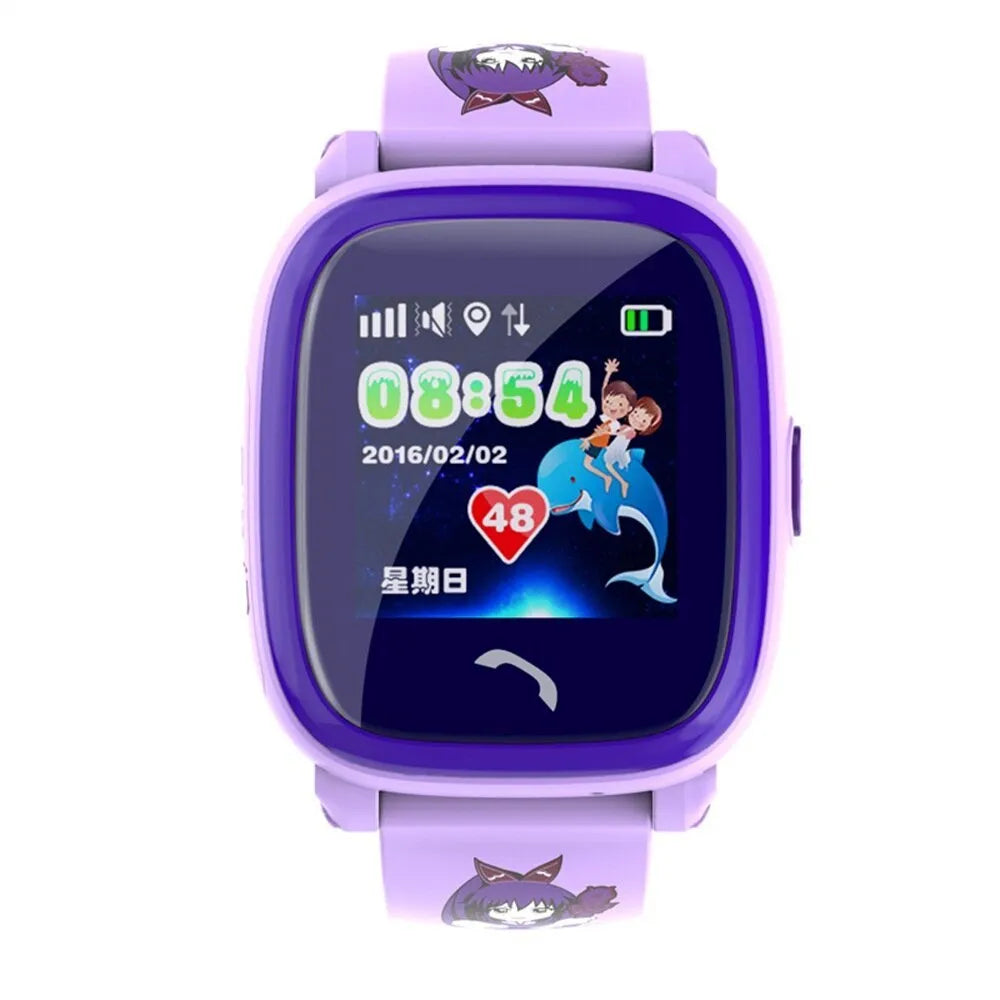 Blue children's smart watch with silicone strap showing time on 1.22 inch touch screen
