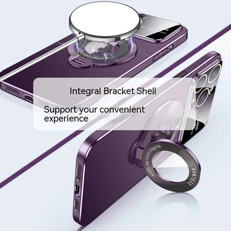 Frosted magnetic iPhone case with invisible bracket and large window display in dark purple colour