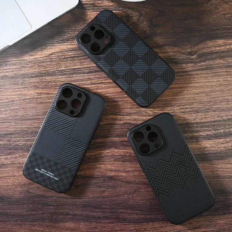 Black pattern imitation leather anti-fall iPhone case, shockproof and fingerprint-proof, for iPhone 11-16 Pro Max