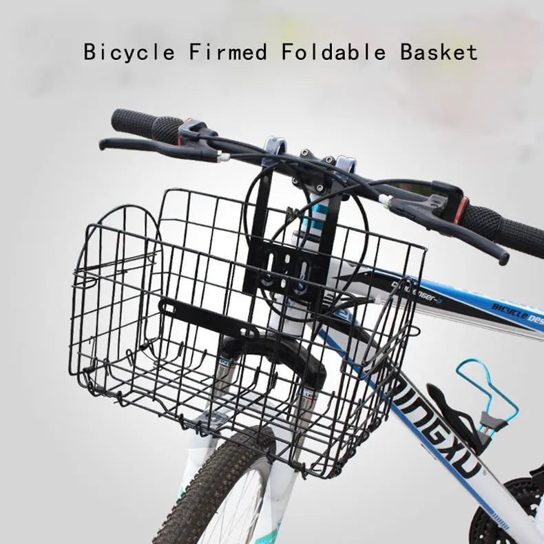 Steel folding bicycle basket in black mounted on a bike, 32.5x20x22 cm size