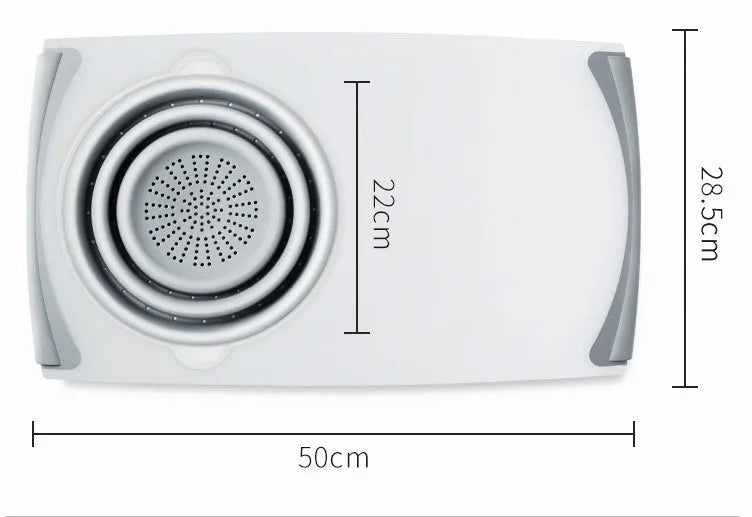 Grey folding chopping board with detachable drain basket showing 50cm cutting surface