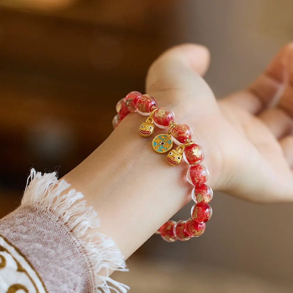 Handmade coloured glaze bracelet with gold foil swallowing gold beast pattern in seven colour options