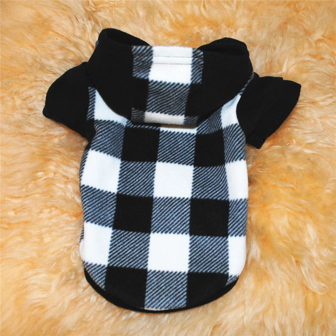 Fleece dog hooded sweater in black and white grid, winter clothing for small to large dogs