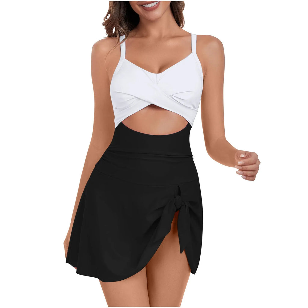 Women's one-piece strap swimsuit in striped grey blue, pink rose red, or white and black.