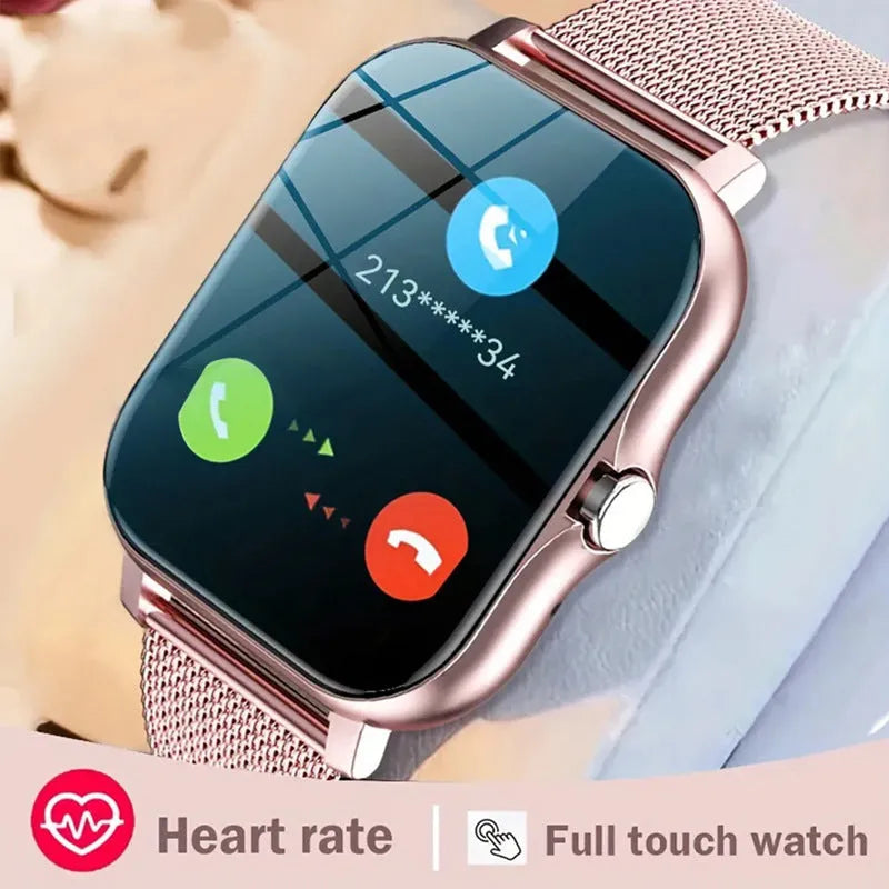 Smart watch with 1.44-inch touchscreen on a silicone strap, showing Bluetooth calling and health tracking display.