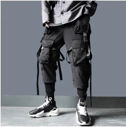 Men's black cotton linen multi-pocket tactical trousers with cargo pockets