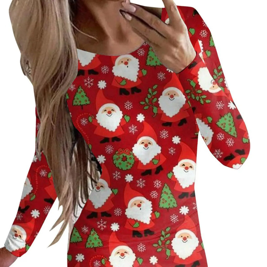 Women's tight-fitting red Christmas dress with animal print pattern, featuring long sleeves and a short hip skirt.