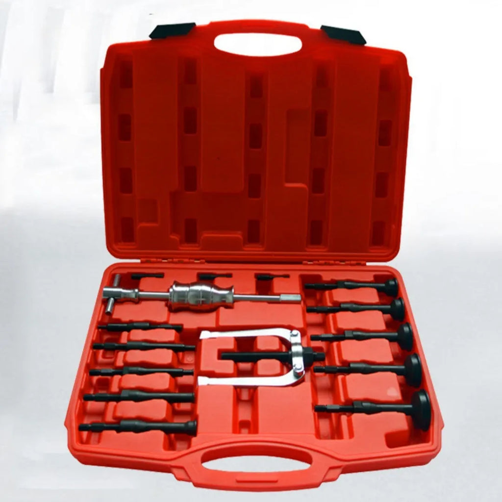16-piece alloy and plastic inner bearing puller set with slip hammer stripping attachment for automobile repair, model BL1039