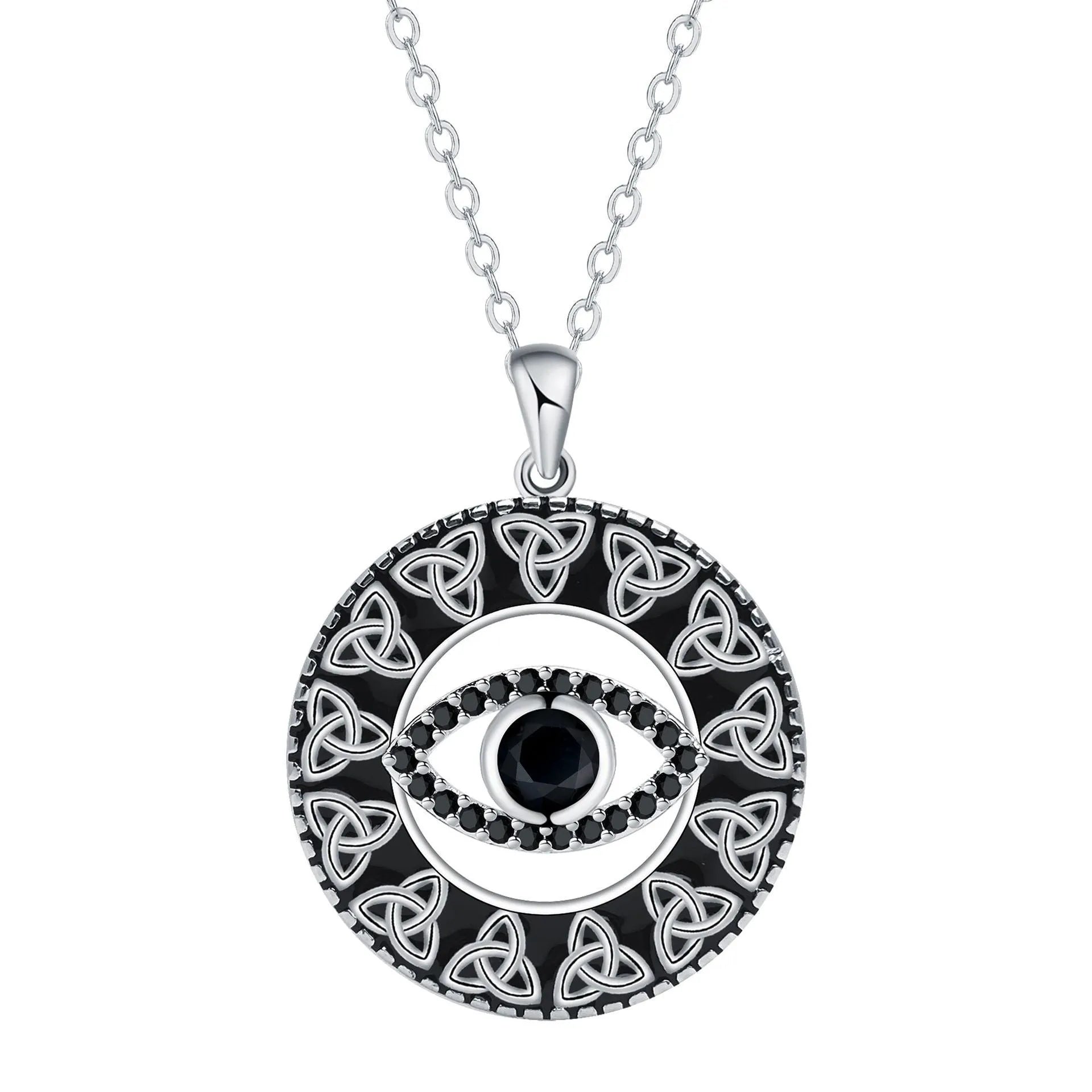 Copper Devil's Eye pendant necklace with a cross chain style on a person or mannequin.
