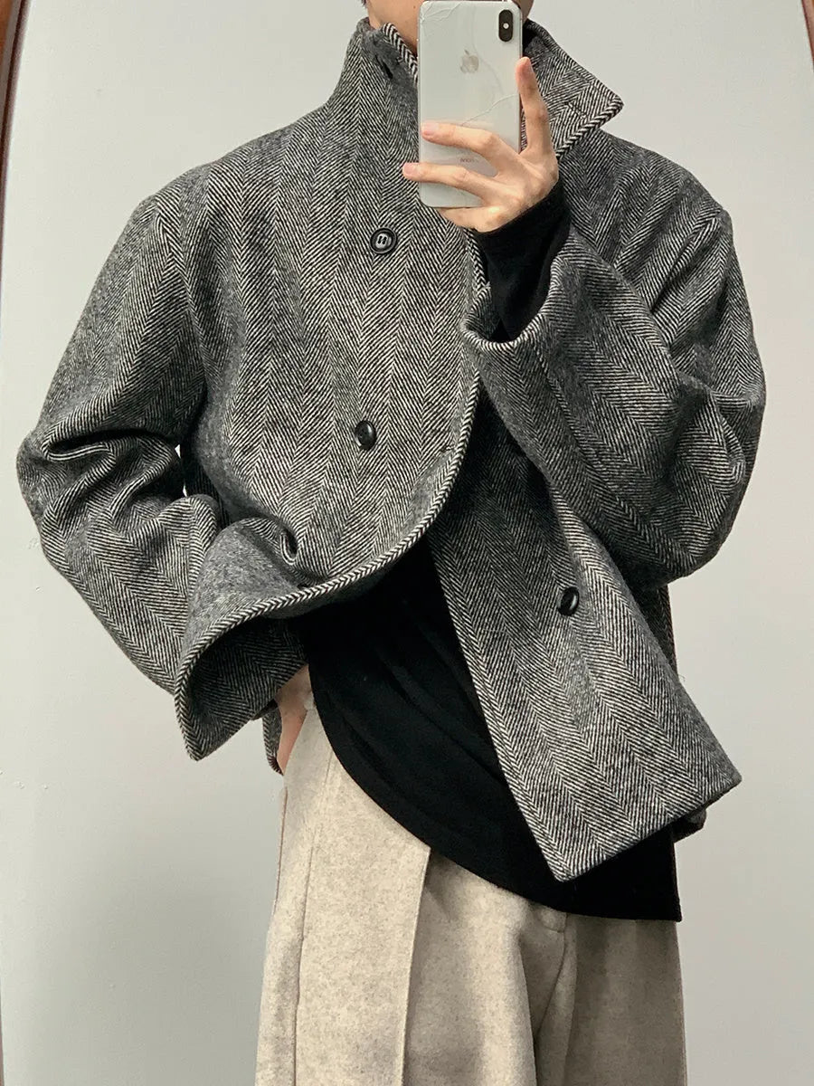 Double breasted stand collar mid-length loose fit polyester coat jacket in Coffee colour with long sleeves