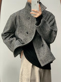 Double breasted stand collar mid-length loose fit polyester coat jacket in Coffee colour with long sleeves