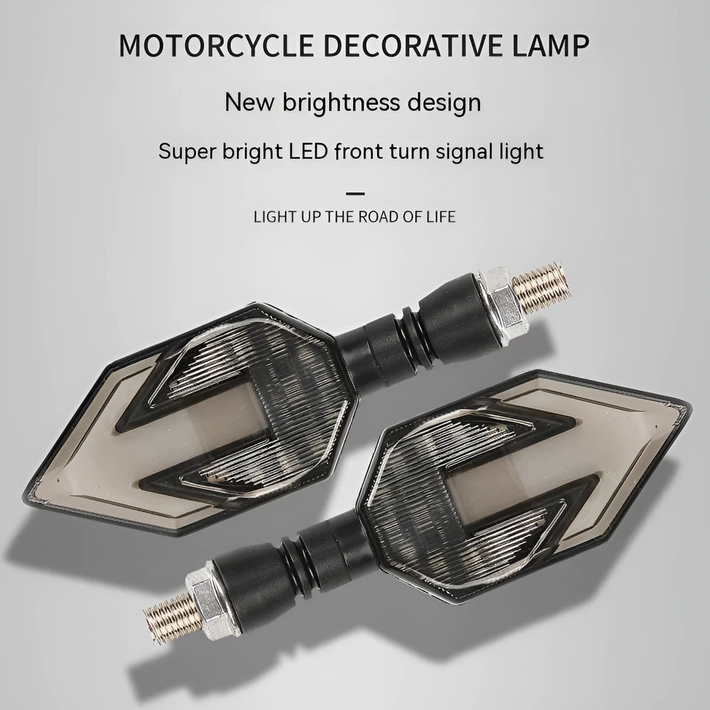 Arrow-shaped LED motorcycle turn signal lamp with 12V universal fitment and ABS plastic housing