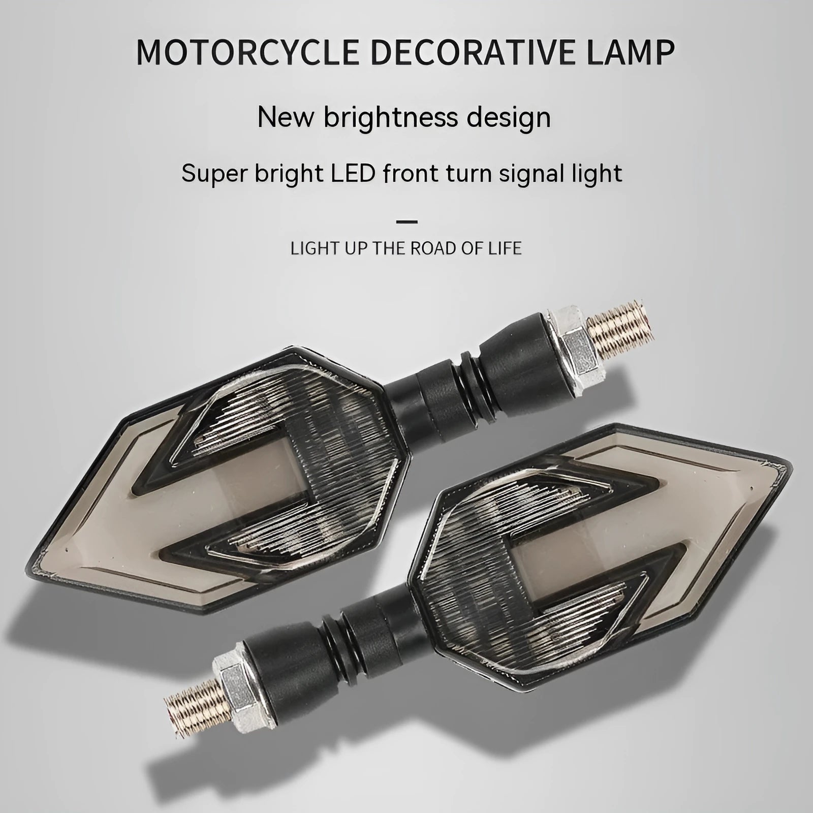 Arrow-shaped LED motorcycle turn signal lamp with 12V universal fitment and ABS plastic housing