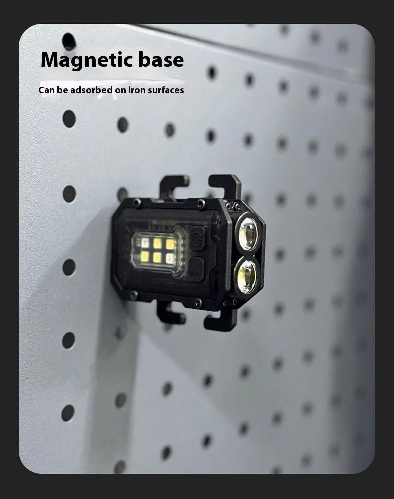 Mini tactical flashlight with USB charging cable showing dual lighting modes and backpack mount attachment point