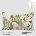 Antique green wool blend cushion cover with spring flowers pattern, shown in square and rectangular waist pillow sizes.