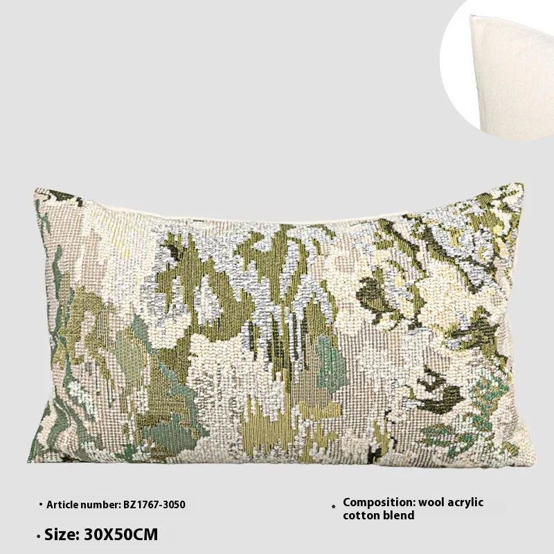 Antique green wool blend cushion cover with spring flowers pattern, shown in square and rectangular waist pillow sizes.