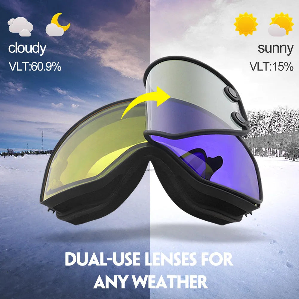 Magnet myopia night vision ski goggles in white frame with blue tablet, double-layer anti-fog PC+TPU design
