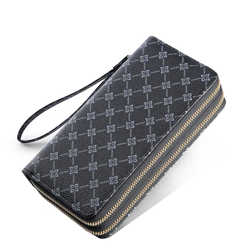 Retro-style long PU leather wallet clutch with printed design showing mobile phone compartment and zipper closure