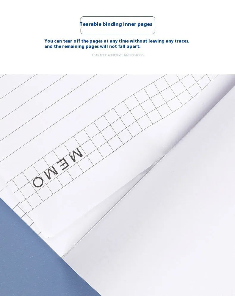 A4 tearable grid notebook with a paper cover, lying open to show ivory pages and wireless binding.