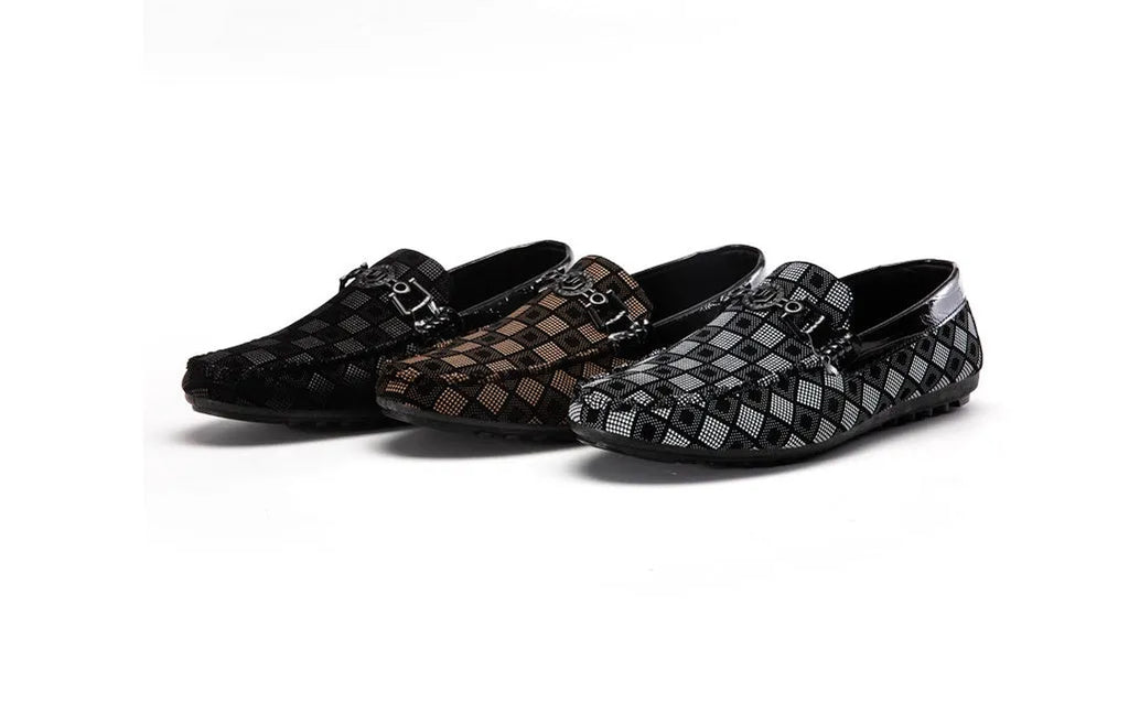 Men's plaid slip-on shoes with artificial PU uppers, flat heel, and cotton lining in black colour