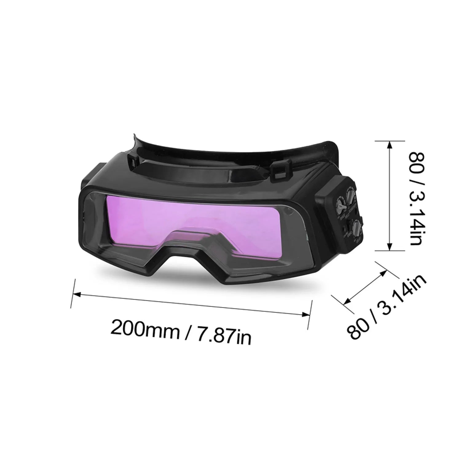 Black automatic darkening welding mask and glasses with a large rectangular viewing lens.